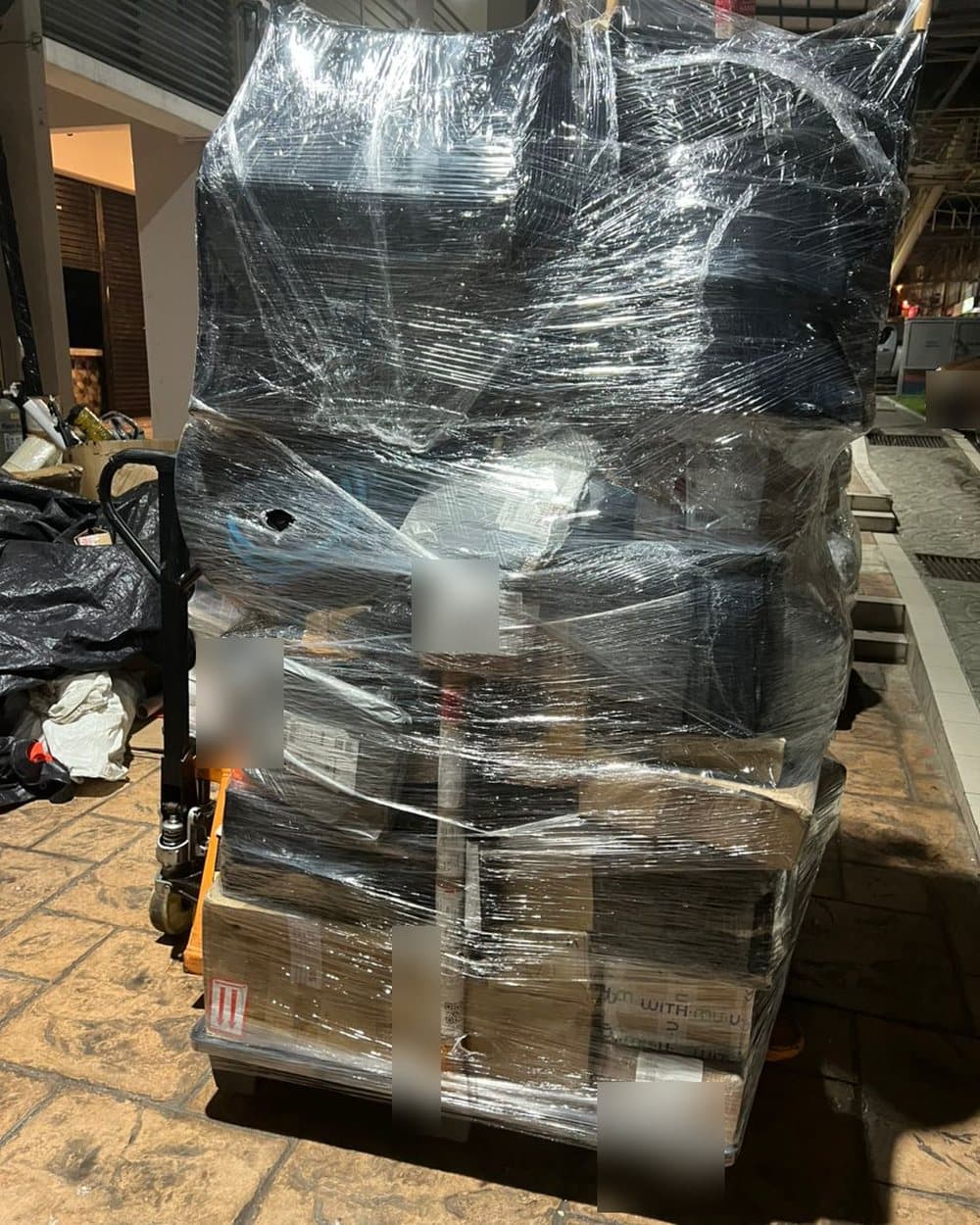 A fully wrapped shipping pallet